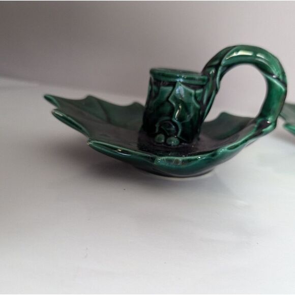 Vintage Christmas Ceramic Candle Holders – Holly Leaf Set of 2 with Finger Loops - Picture 3 of 10
